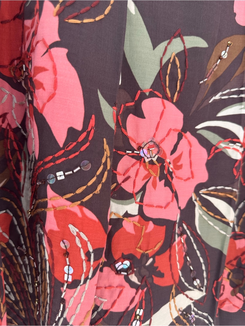 Talbots Brown Pleated Circle Skirt with Pink Embroidered Beaded Floral Print, 16 - Picture 12 of 13